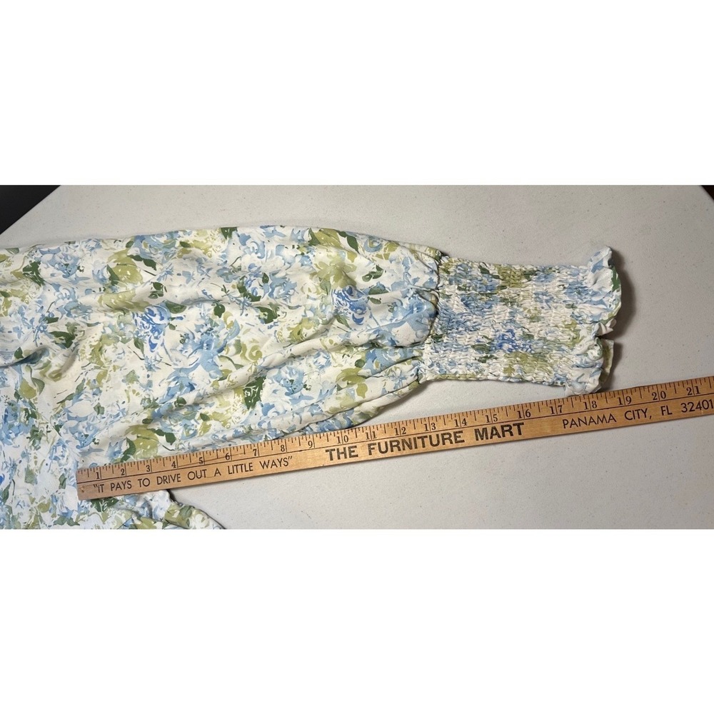 Entro Floral Babydoll Top Blue Green Watercolor Smocked Cuff Blouse T20069 M - Picture 7 of 8
